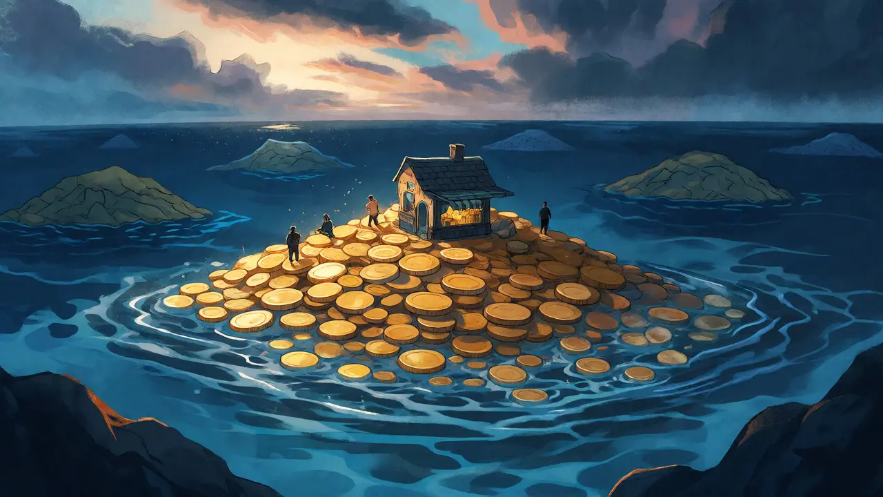 A small island of coins isolated in a vast ocean representing niche adoption