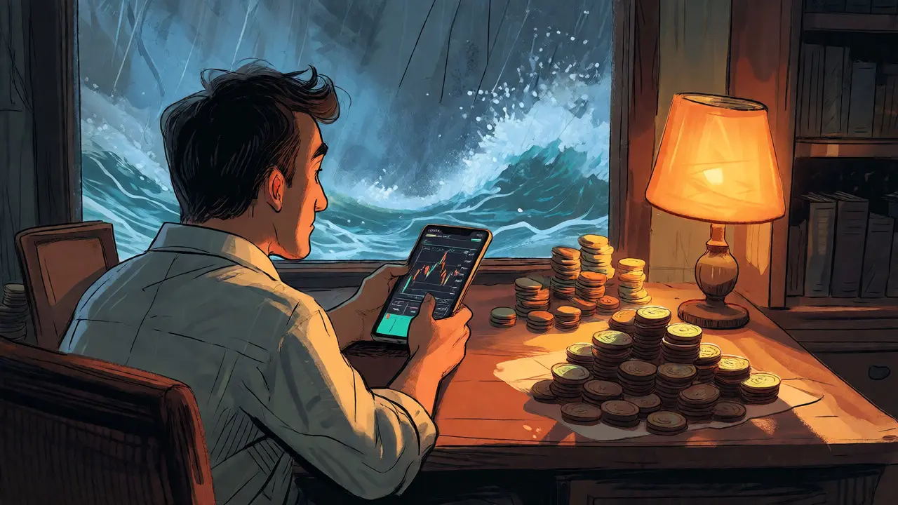 A trader cautiously testing small amounts while watching volatile markets.