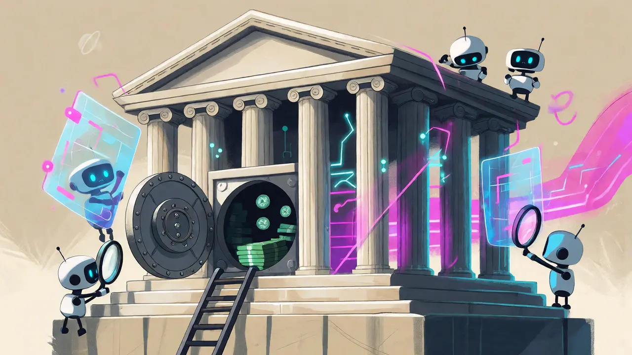 A traditional bank building covered in digital circuits being inspected by robots.