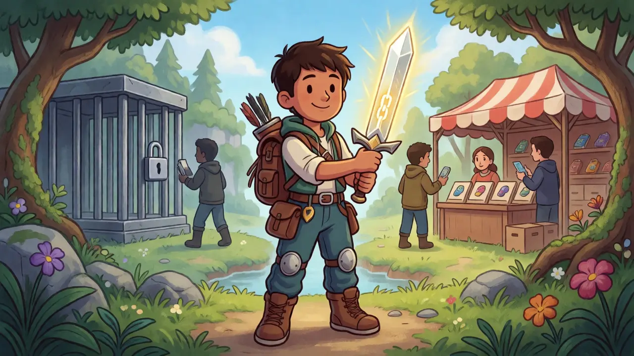 Adventurer holding a sword in a fantasy world contrasting freedom vs locking