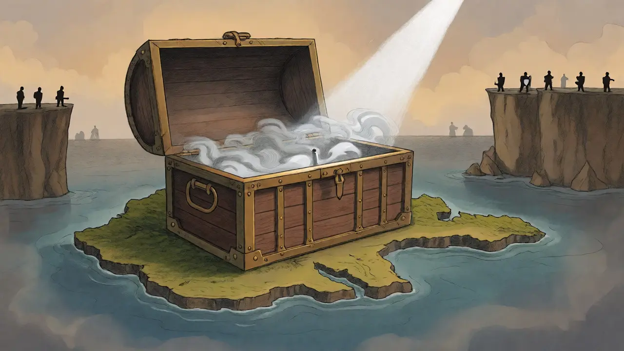 An empty treasure chest on an isolated island, watched by distant regulators.