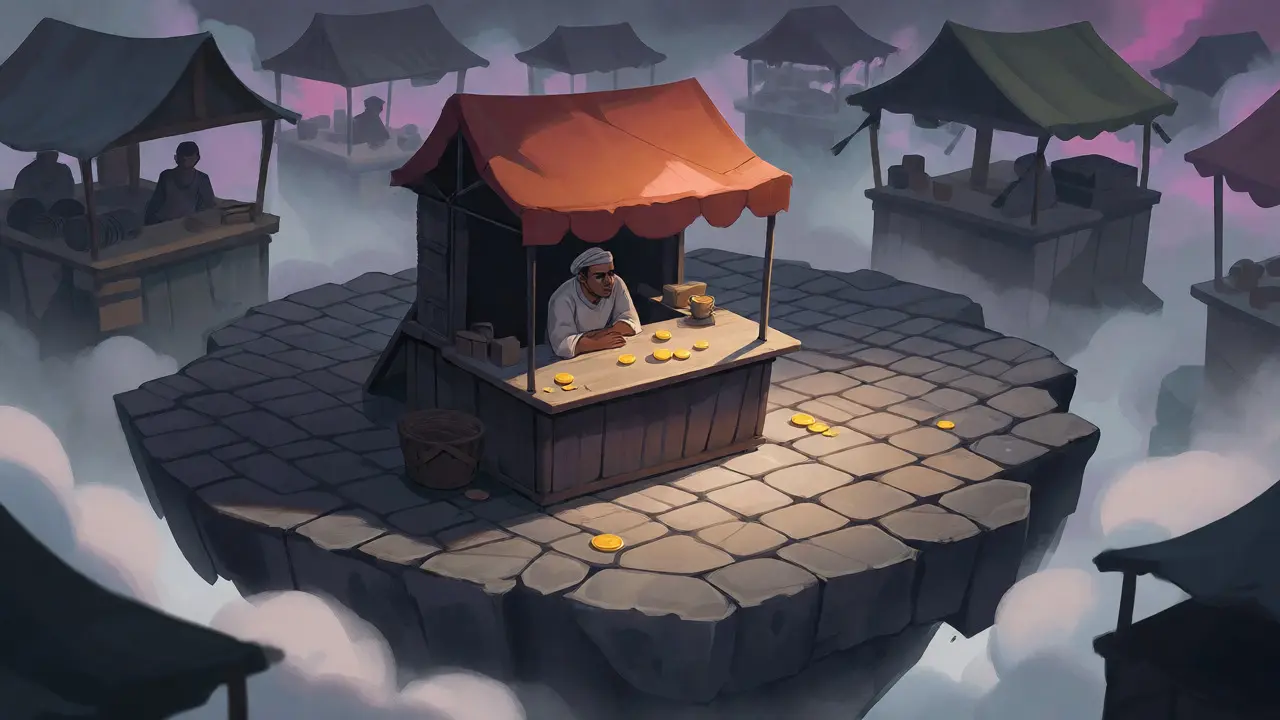 An isolated market stall sits empty on a cloudy floating island.