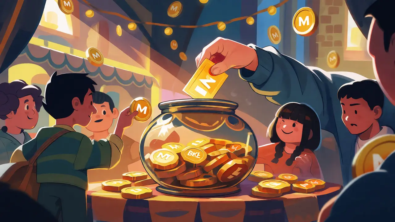 Animated characters voting with MX tokens for BRKL rewards in a stylized marketplace