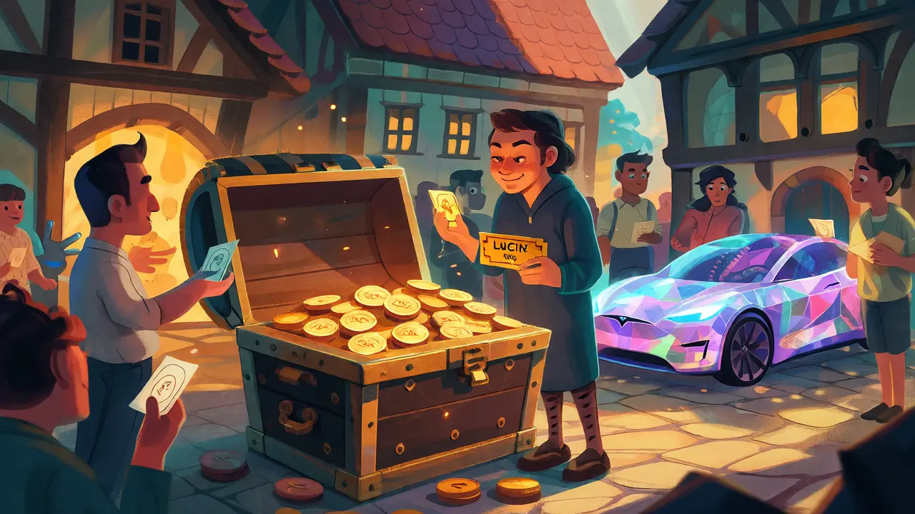 Avatars exchanging tokens in a magical town square