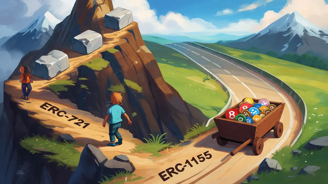 Cartoon comparison of heavy individual token minting versus efficient batch transfers.