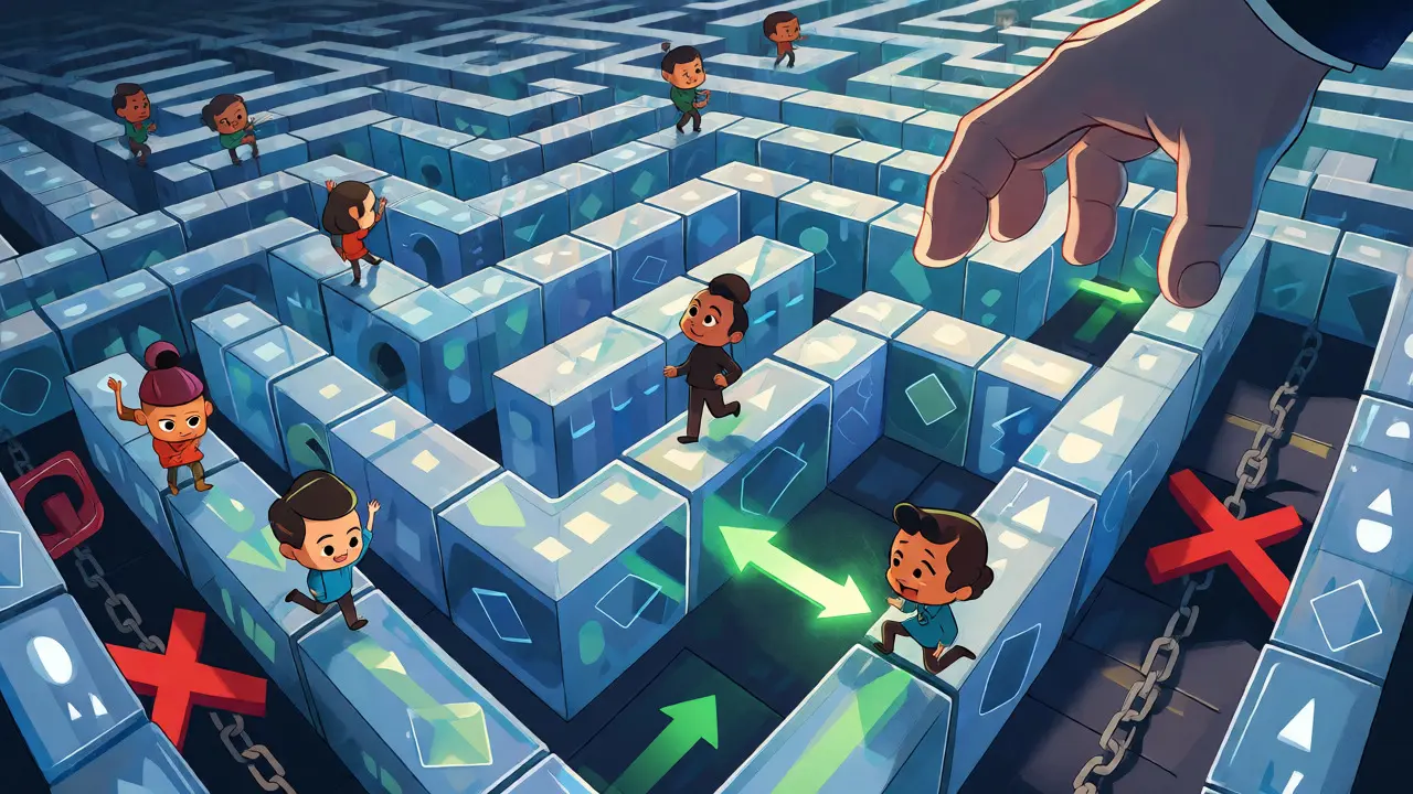 Cartoon figures navigating a blockchain maze to avoid sanction barriers and reach safety