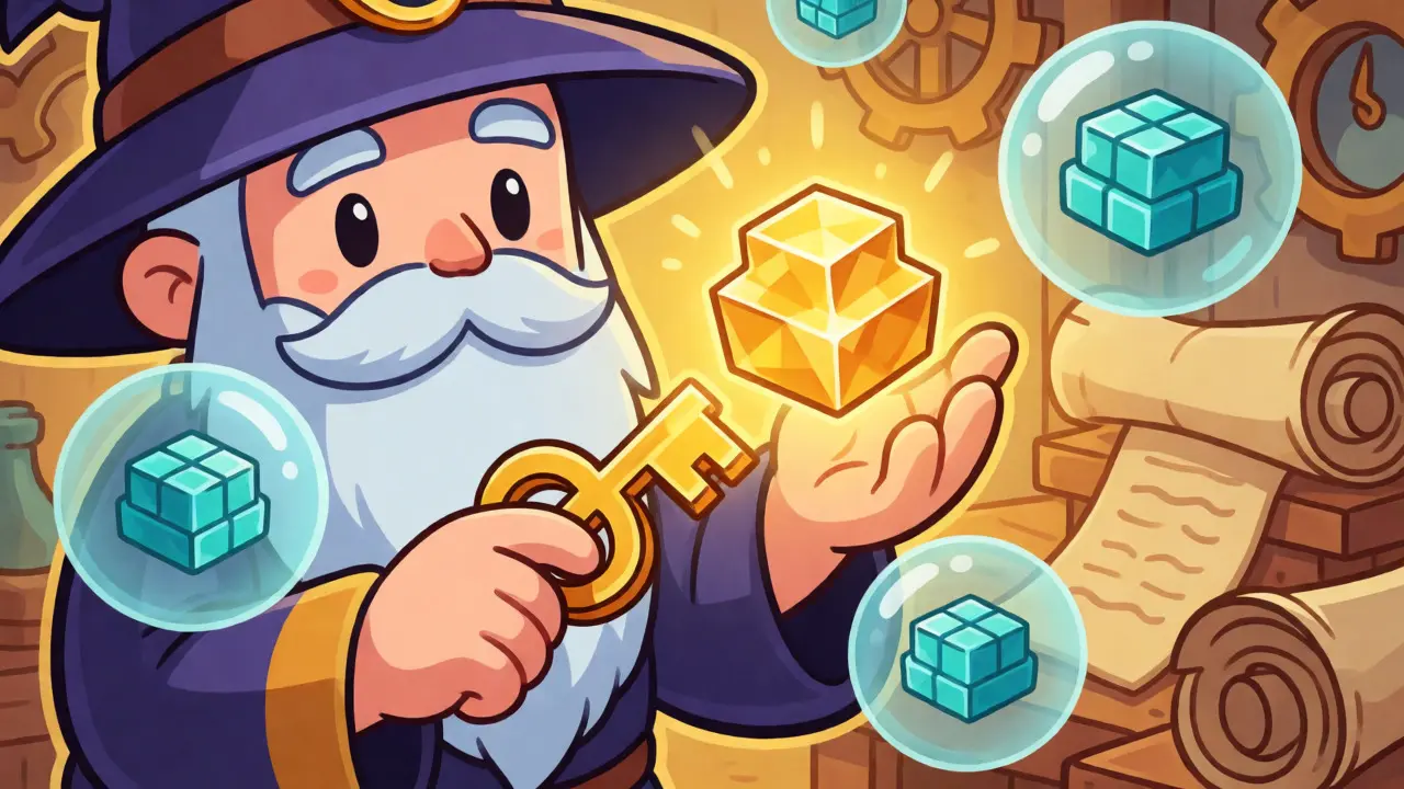 Cartoon wizard minting a StakeHouse Batch token amidst floating ETH blocks in a tech workshop.