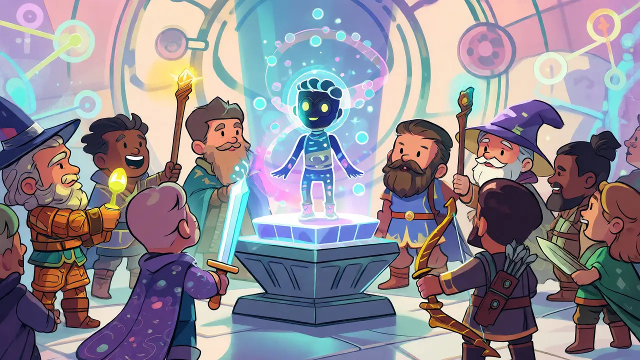 Characters gathering around a glowing NFT pedestal
