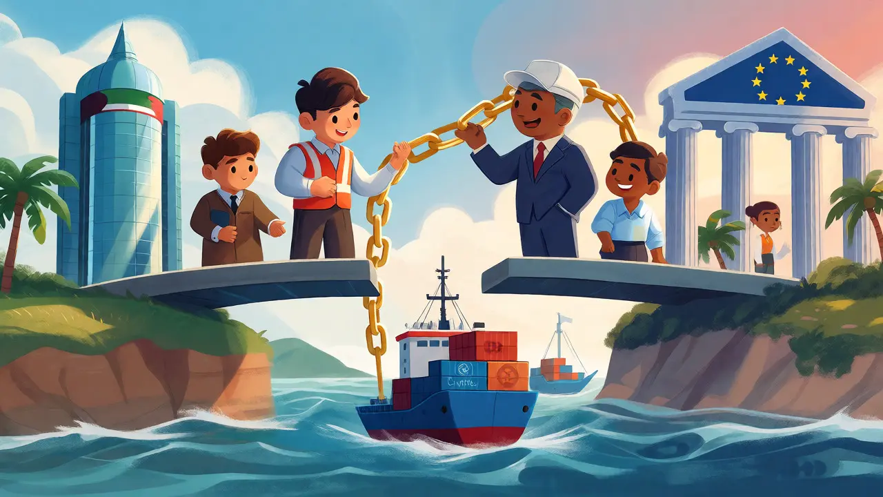 Characters standing on a bridge linking UAE and Europe, facilitating smooth crypto trade flows across the sea.