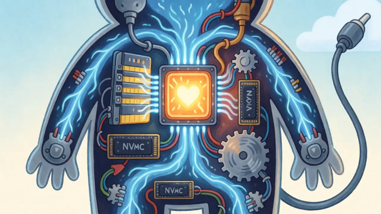 Cross-section view of a robot-like validator node showing internal CPU, RAM, and storage components glowing.
