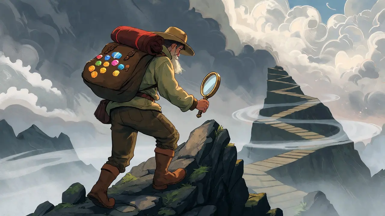 Explorer navigating a misty mountain path with rare gems, checking footing carefully.