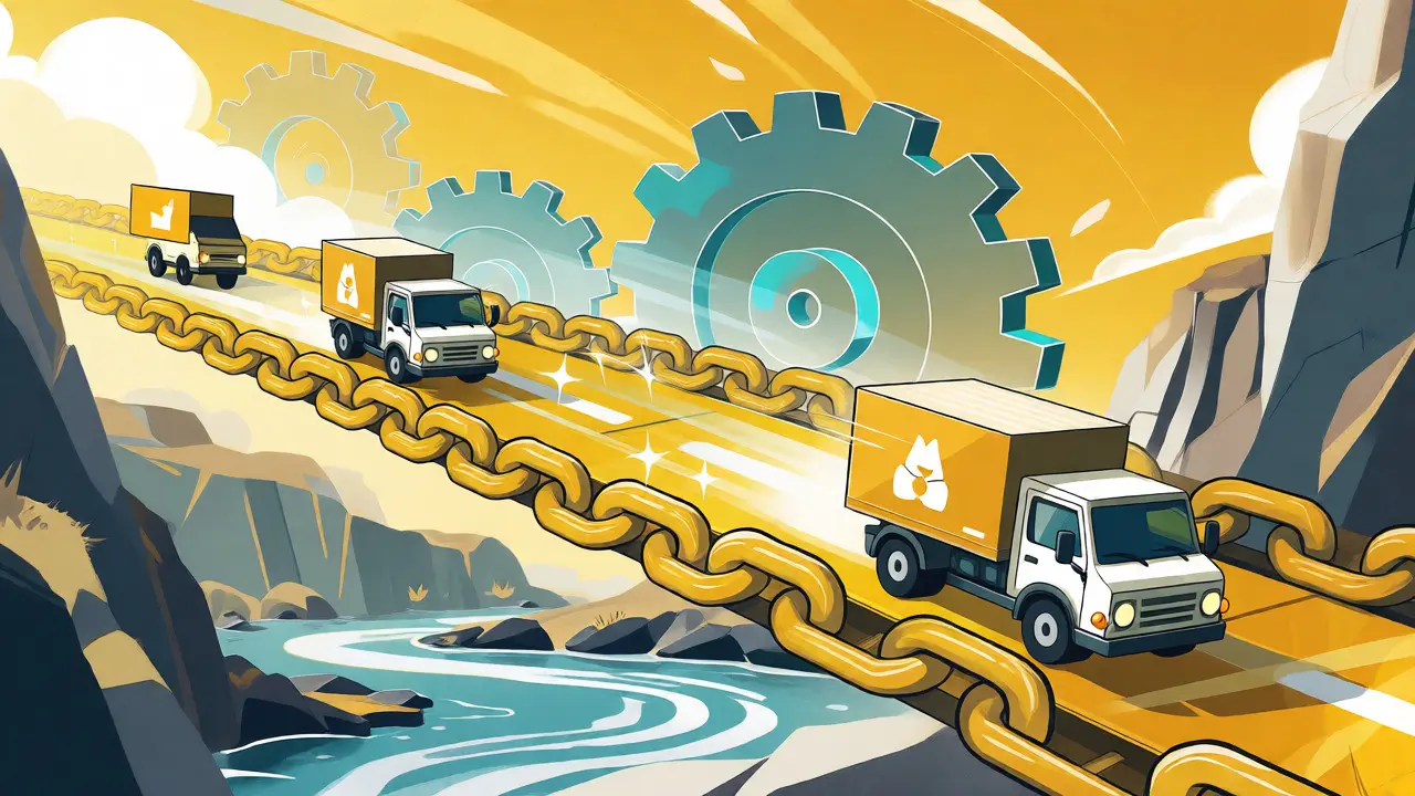 Fast delivery trucks on a yellow chain-road symbolizing quick transactions