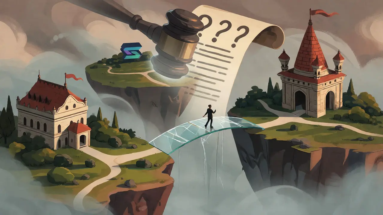 Fragmented blockchain islands connected by a fragile bridge under a legal gavel.