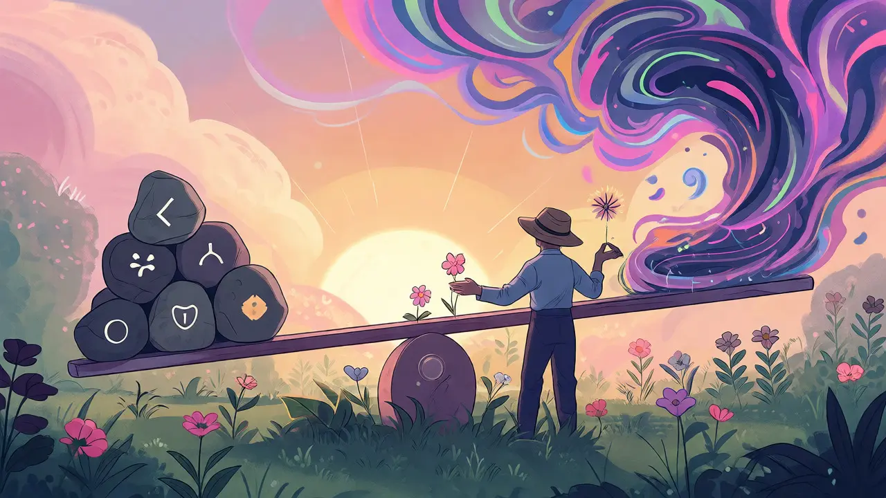Gardener balancing stable and volatile assets on a whimsical scale.