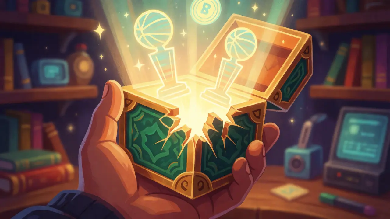 Hand opening a glowing mystery box revealing digital collectibles