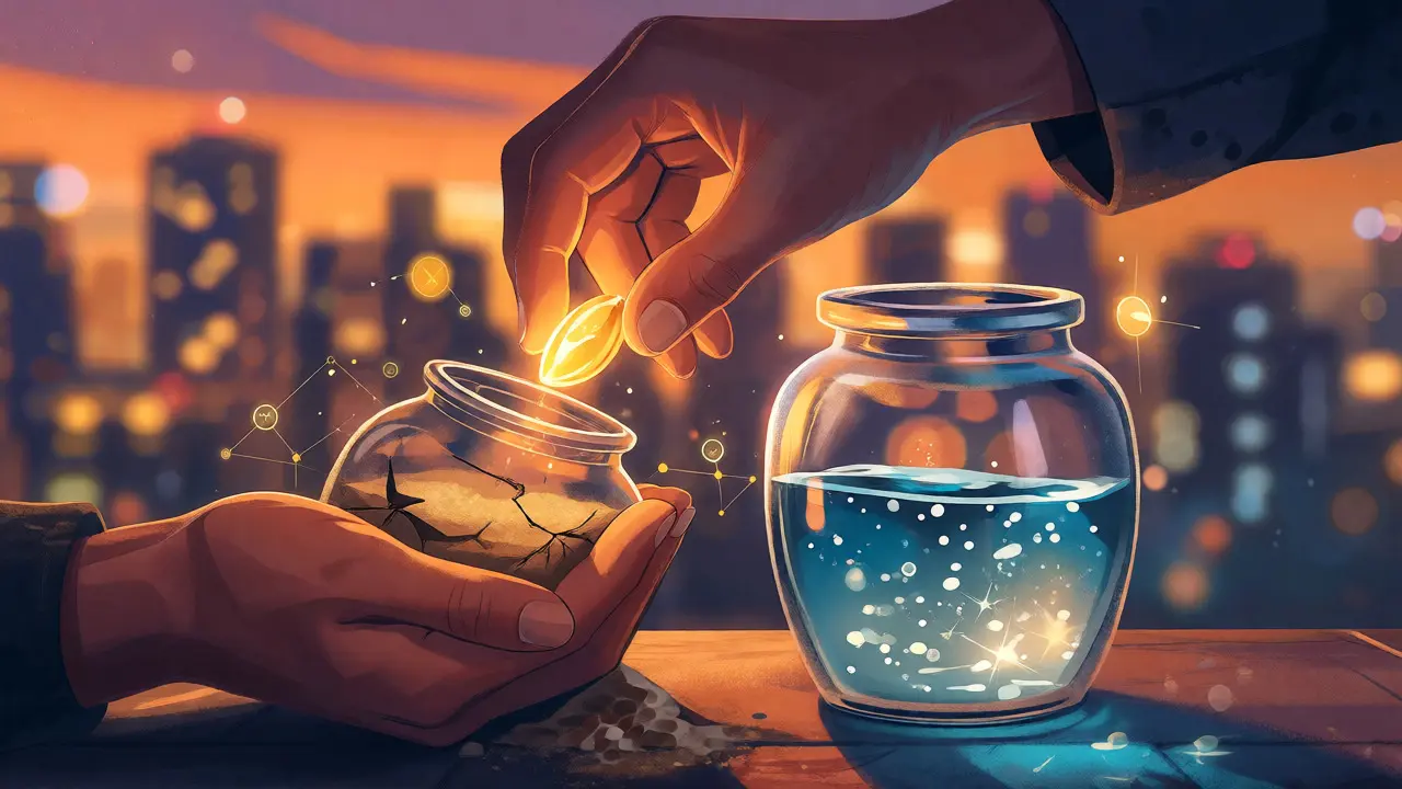 Hands transferring a glowing seed from a cracked jar to a clear vessel representing stability