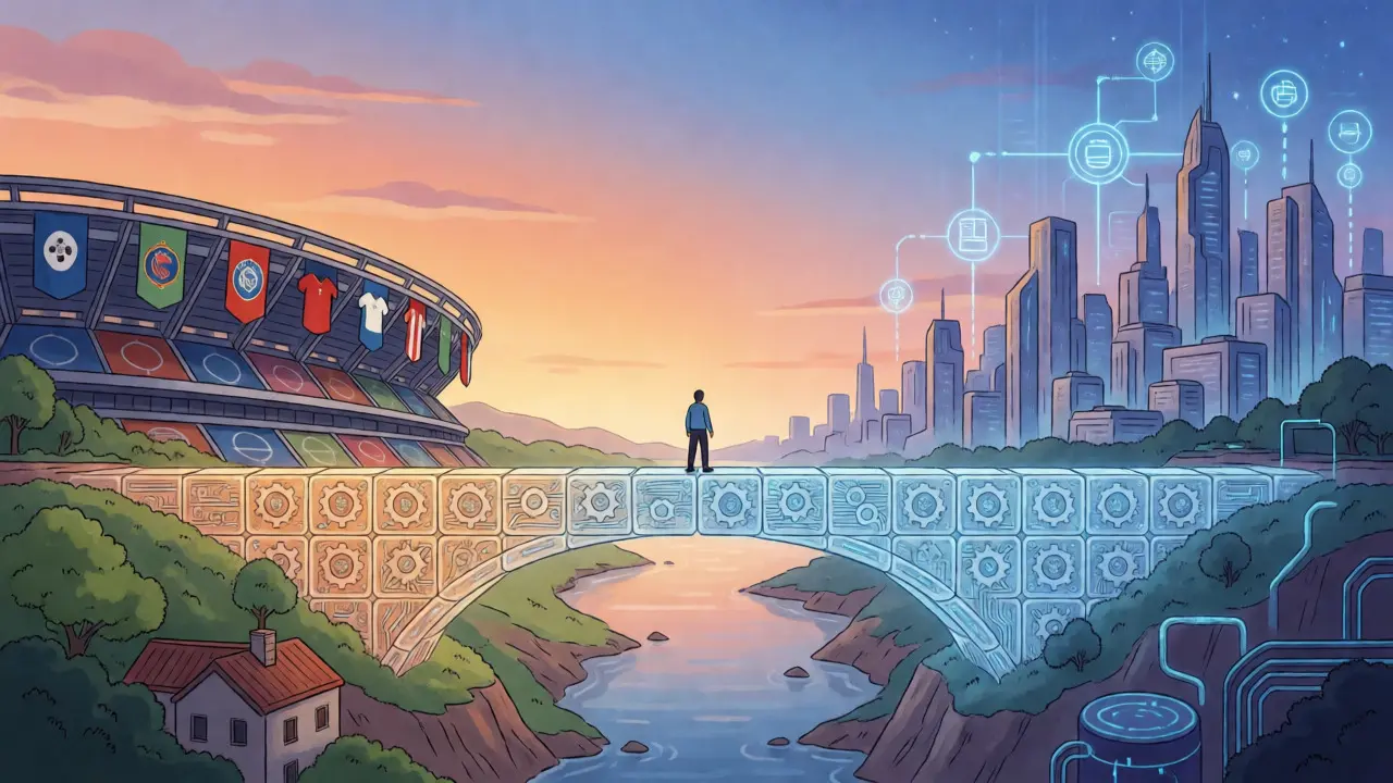 Illustration of a blockchain bridge connecting sports and digital worlds