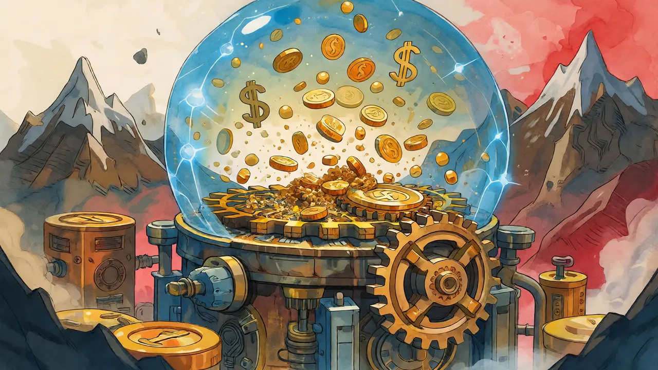 Illustration of a machine crushing gold coins into dust within an Ethereum-themed bubble.
