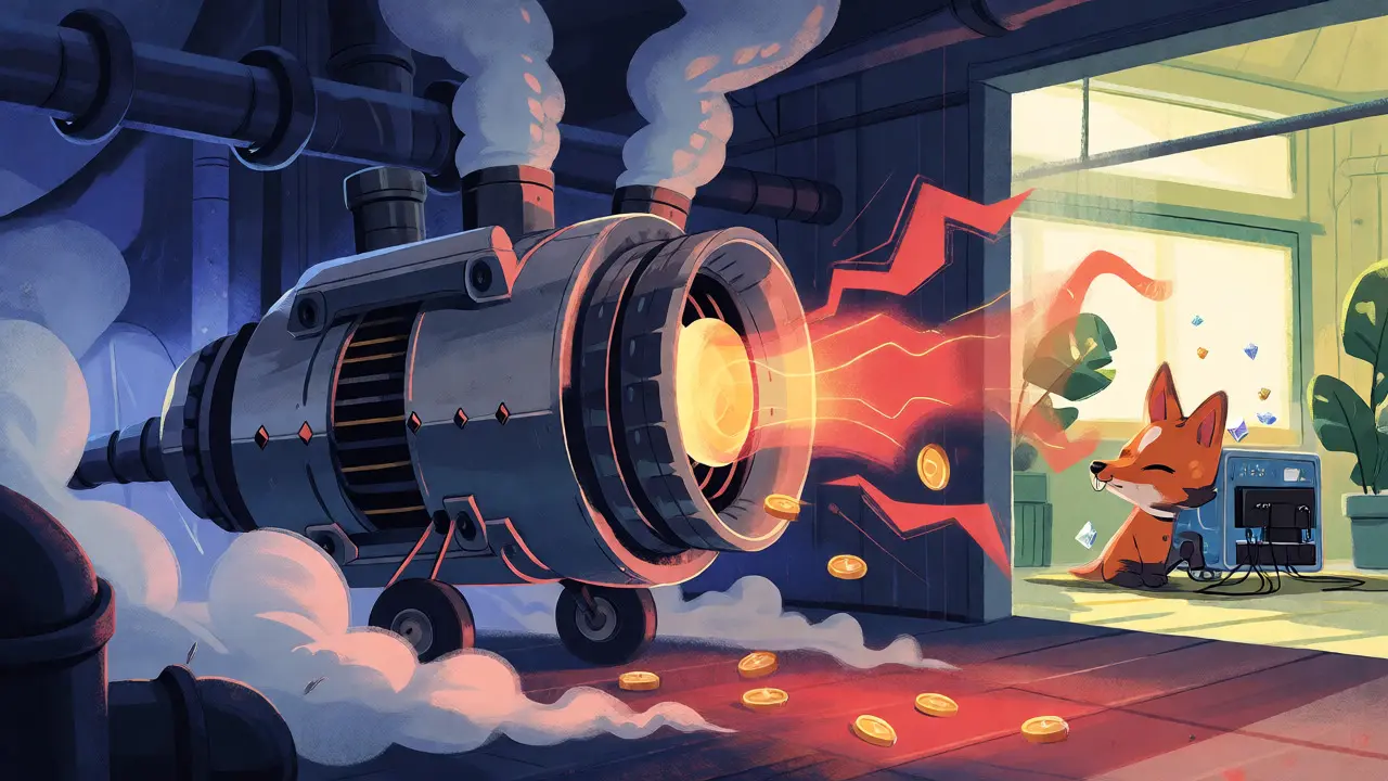 Illustration showing an overheating ASIC miner versus a cool, efficient GPU setup.