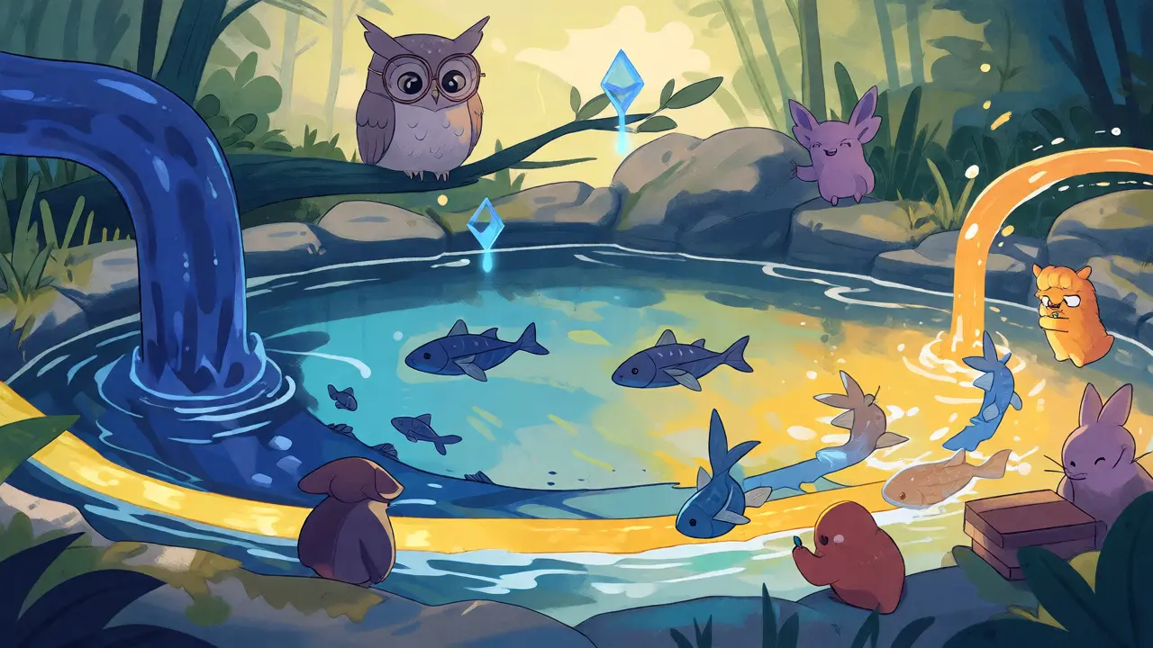 Magical pond illustrating liquidity pools with different depths for ETH and BSC tokens.