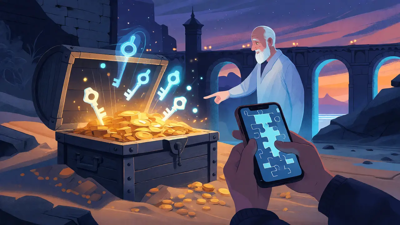 Magical treasure chest with glowing digital keys at the edge of a futuristic city.