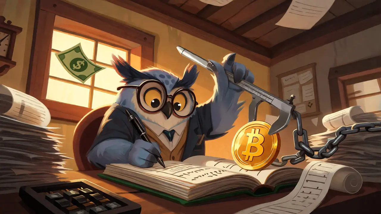 Owl accountant measuring Bitcoin amidst floating dollar bills in a storybook tax office.