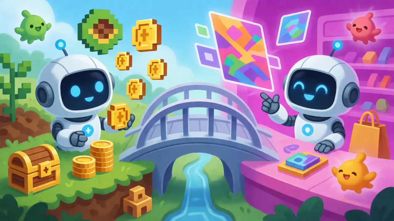 Robot playing games and browsing NFTs in a colorful digital world
