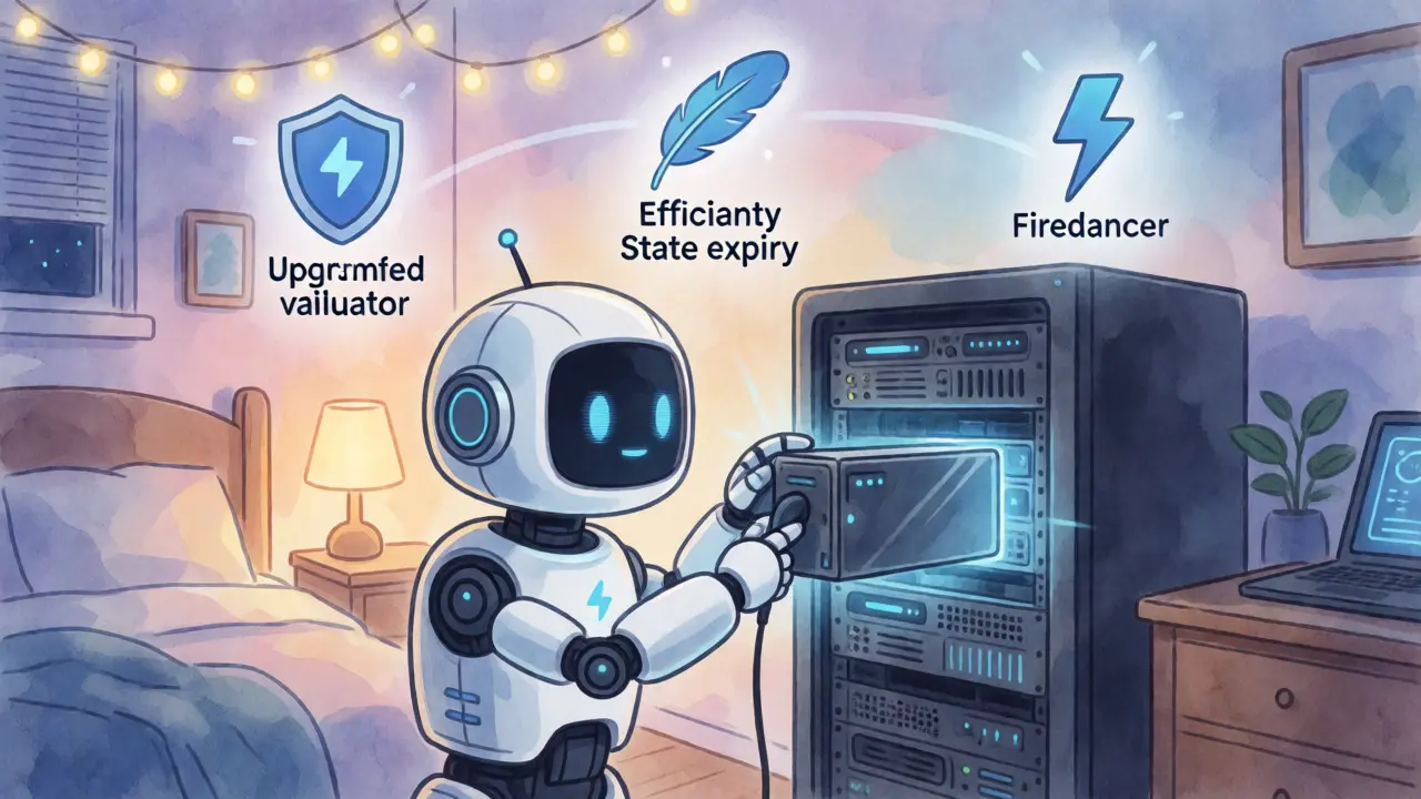 Robot upgrading a server rack in a cozy room with floating icons representing future tech improvements.