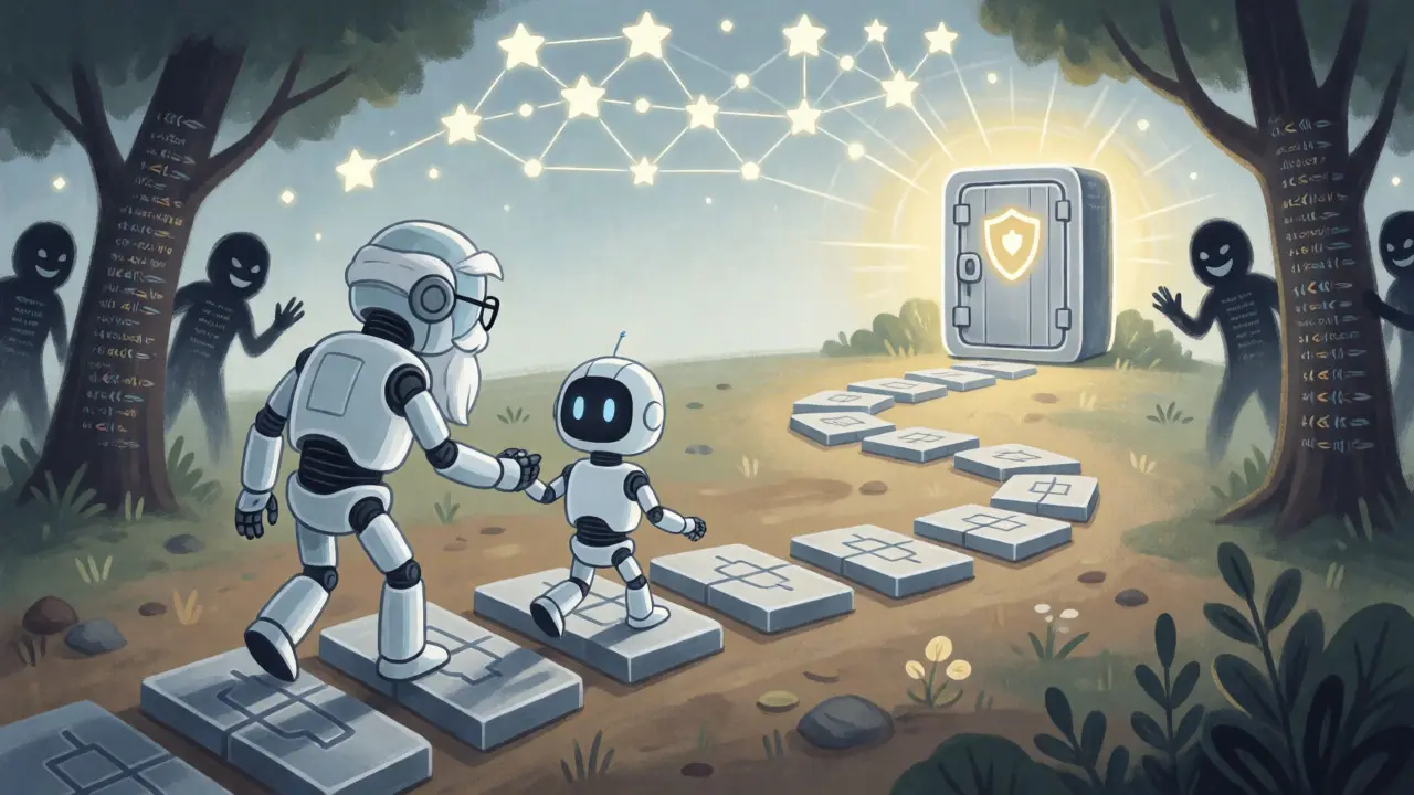 Robots walking a safe path toward a secure vault avoiding shadows