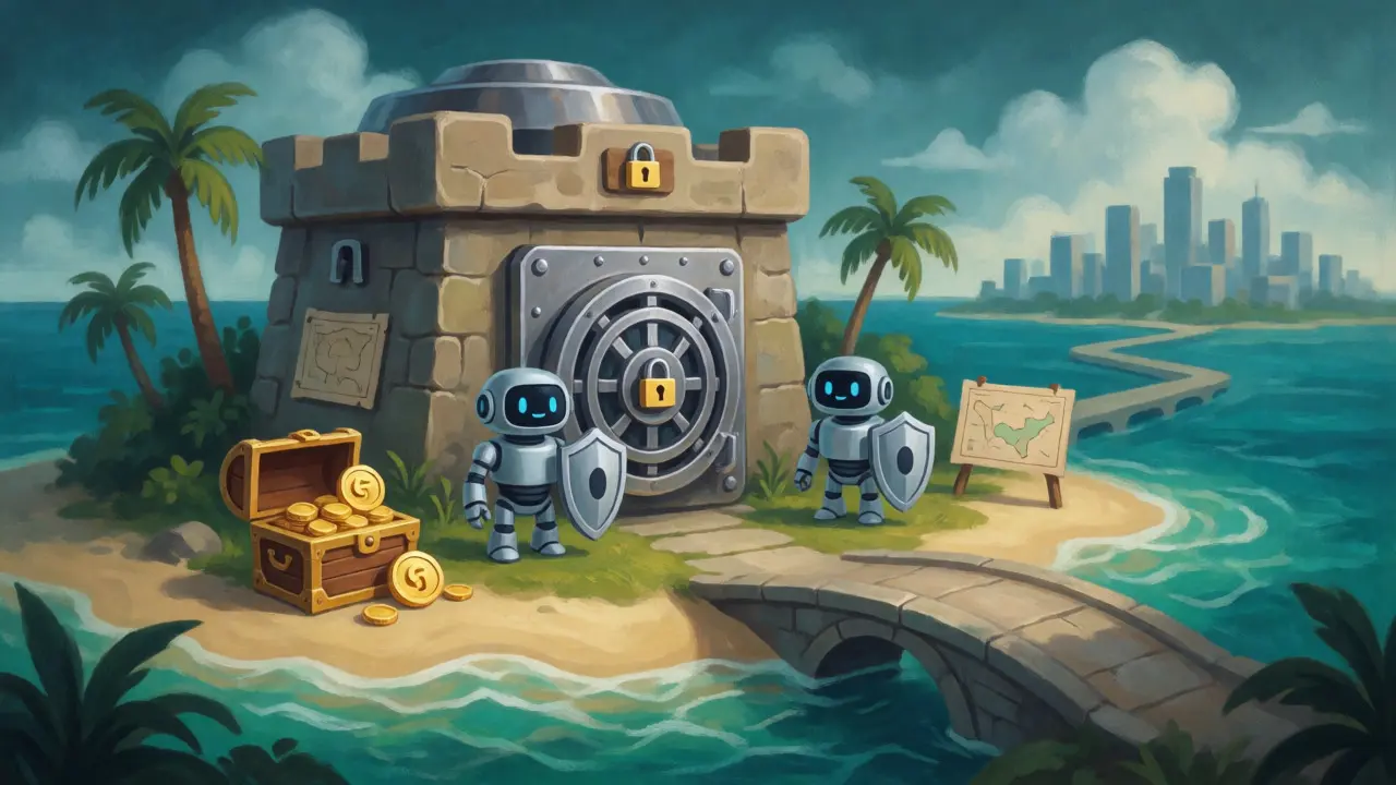Secure stone vault on a tropical island guarded by robots, symbolizing offshore safety.