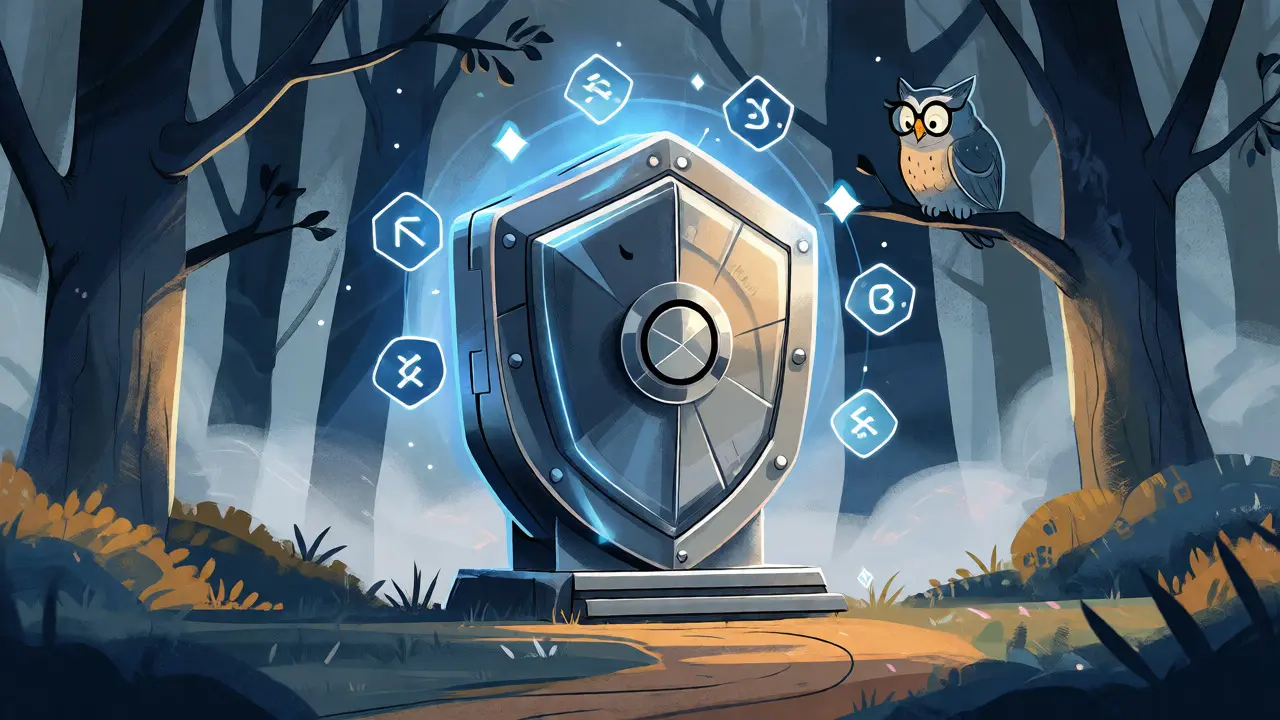 Secure vault surrounded by MFA symbols and an observant owl