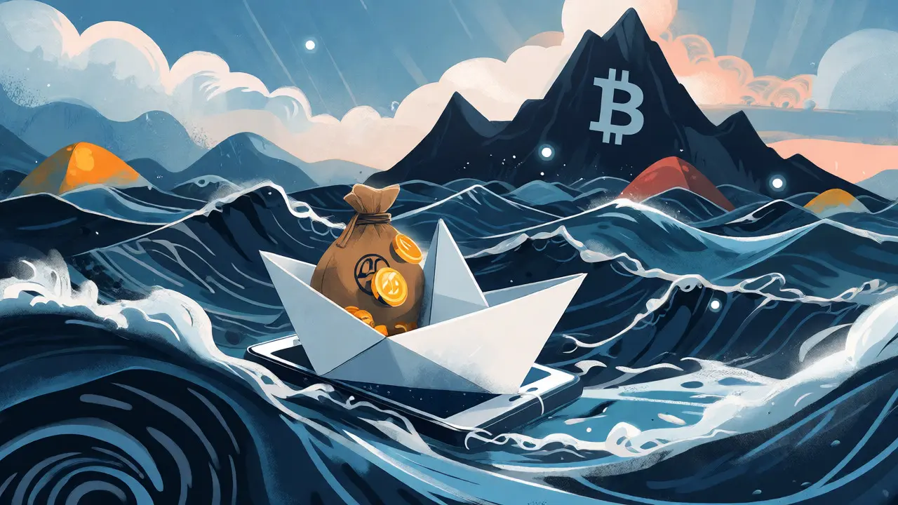 Smartphone boat navigating volatile crypto markets near giant mountains