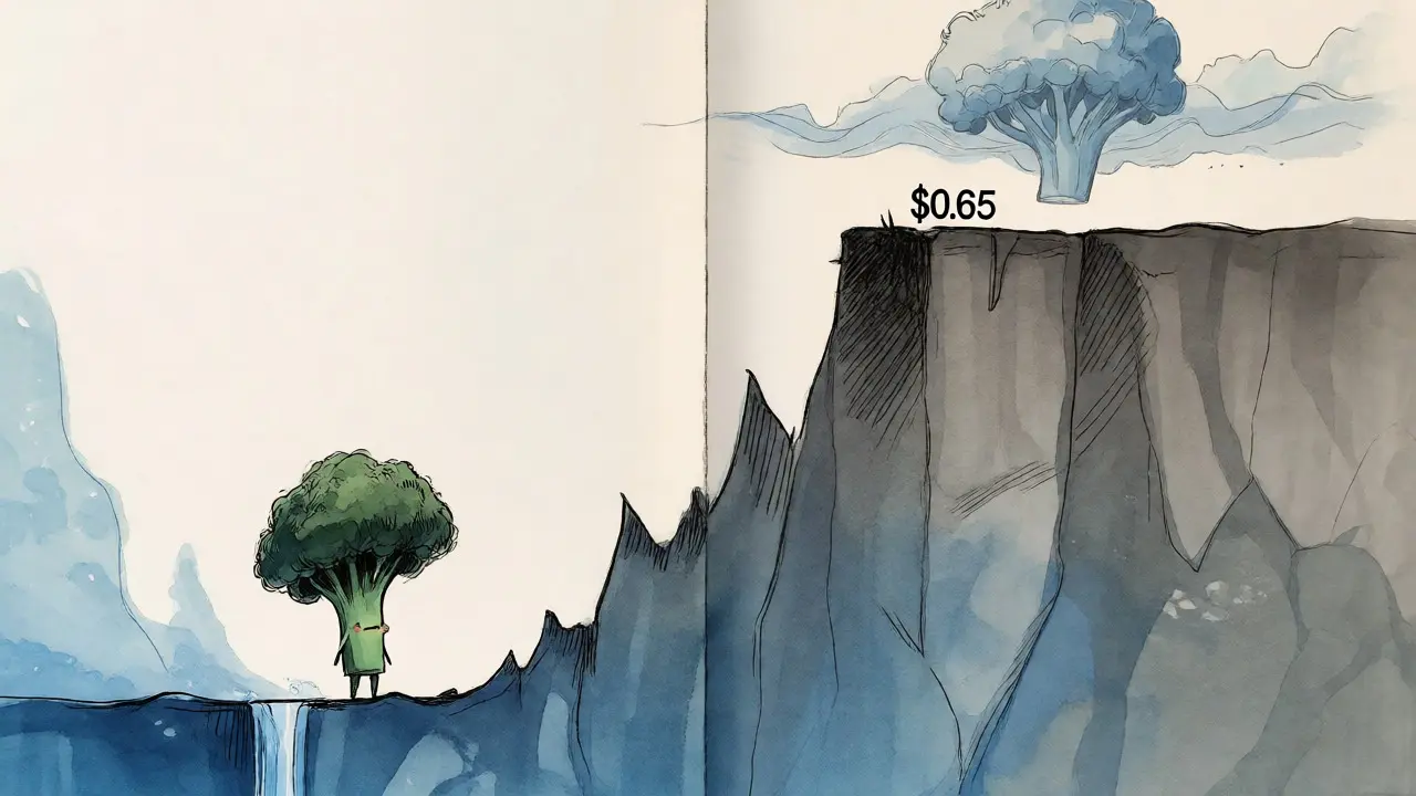 Solitary character at the bottom of a cliff illustrating the significant price drop