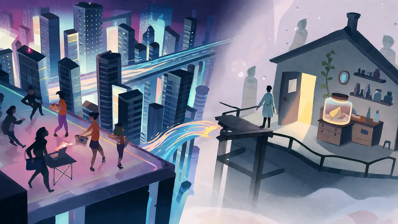 Split scene contrasting the active REI Network city with the quiet Zerogoki laboratory.