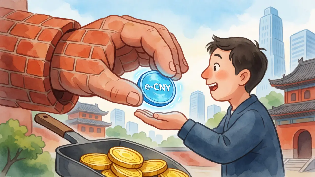 State hand swapping gold crypto for blue e-CNY coin