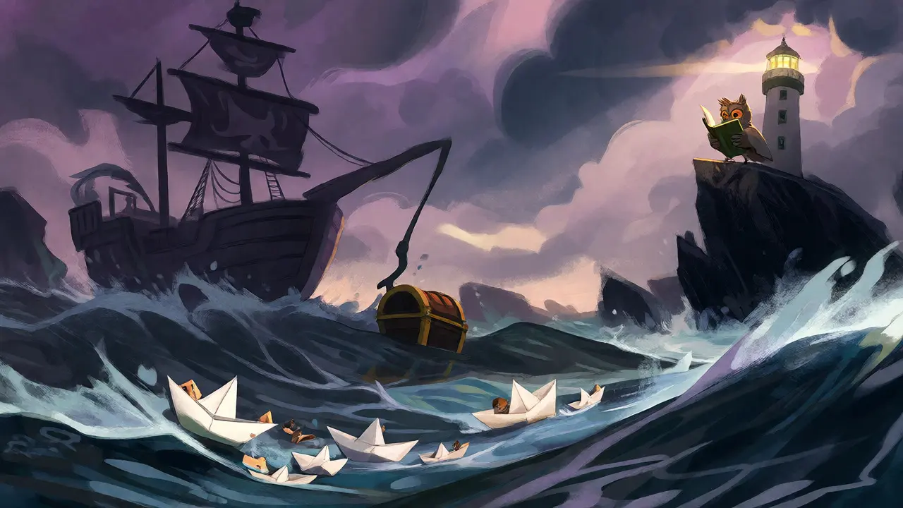 Stormy sea scene with paper boats and a pirate ship representing voter fatigue and attacks.