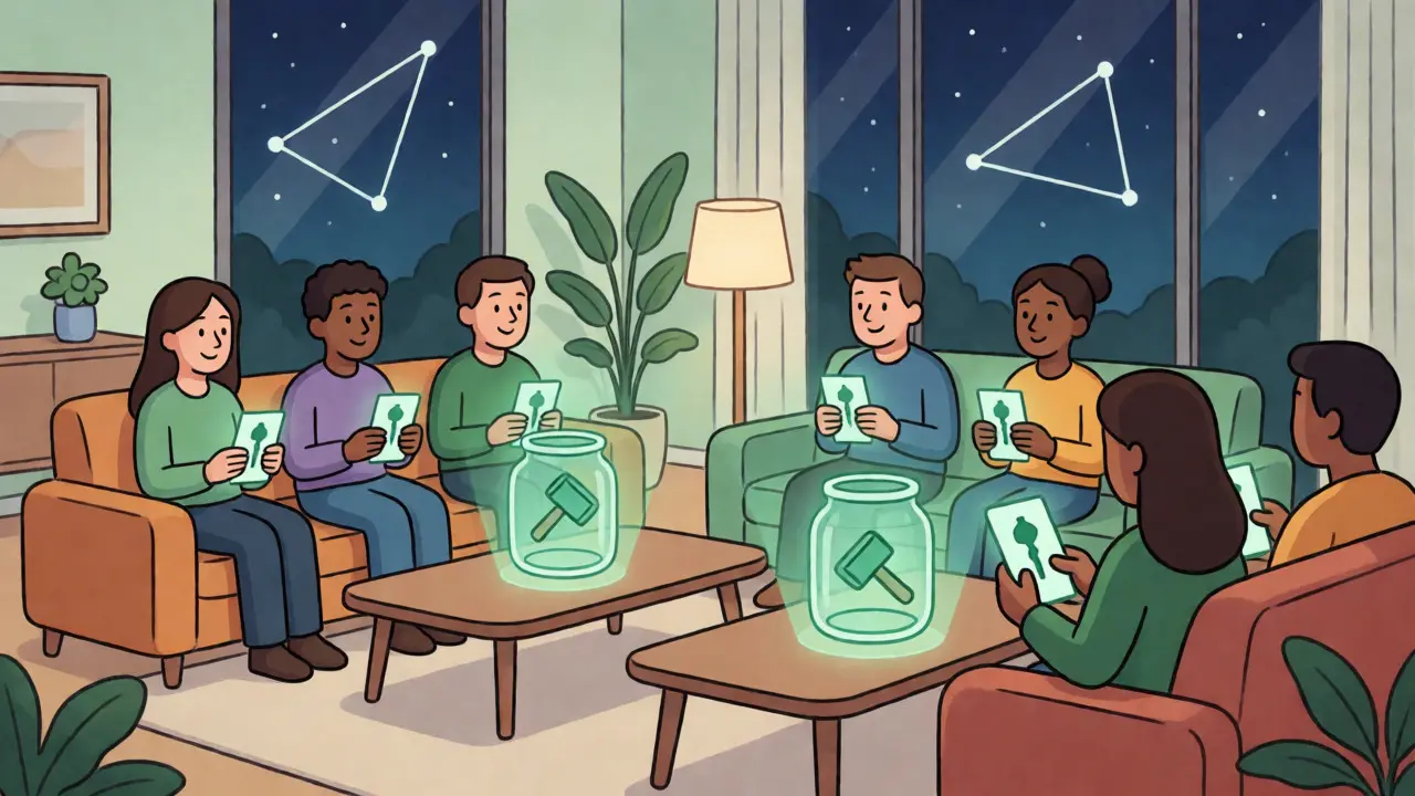 Stylized cartoon people relaxing with holographic NFTs and savings icons in a cozy living room.