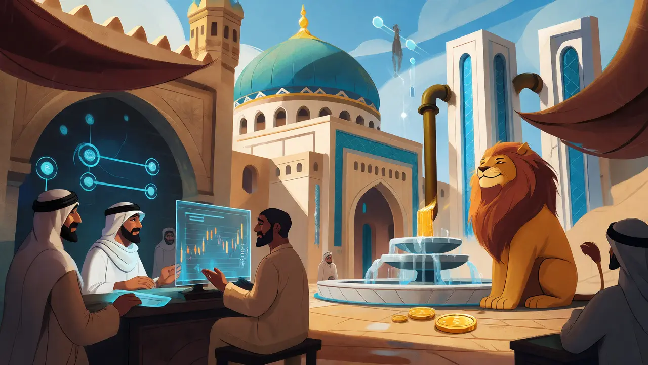 Stylized desert marketplace blending traditional architecture with holographic crypto charts and a guardian lion.