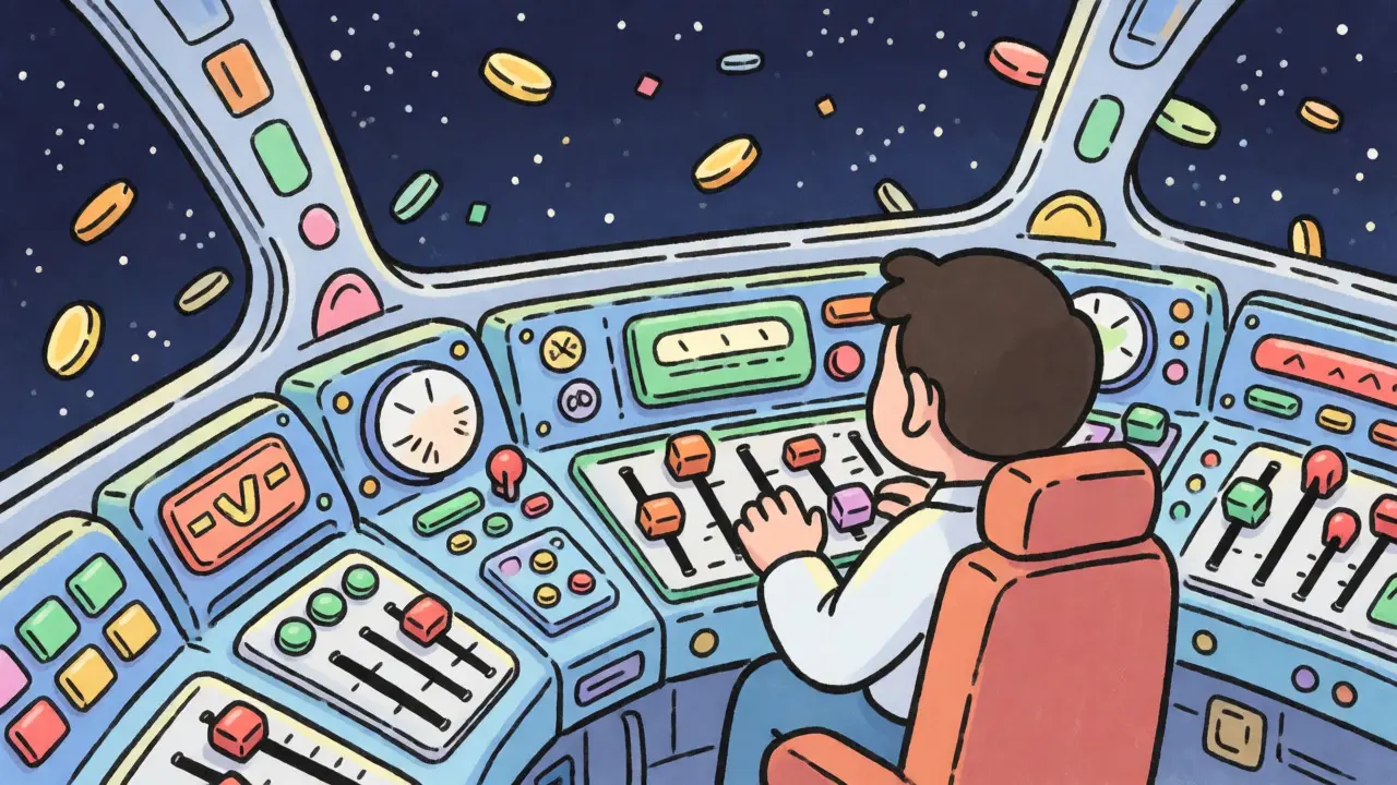 Trader navigating a complex, spaceship-like control panel filled with colorful levers.