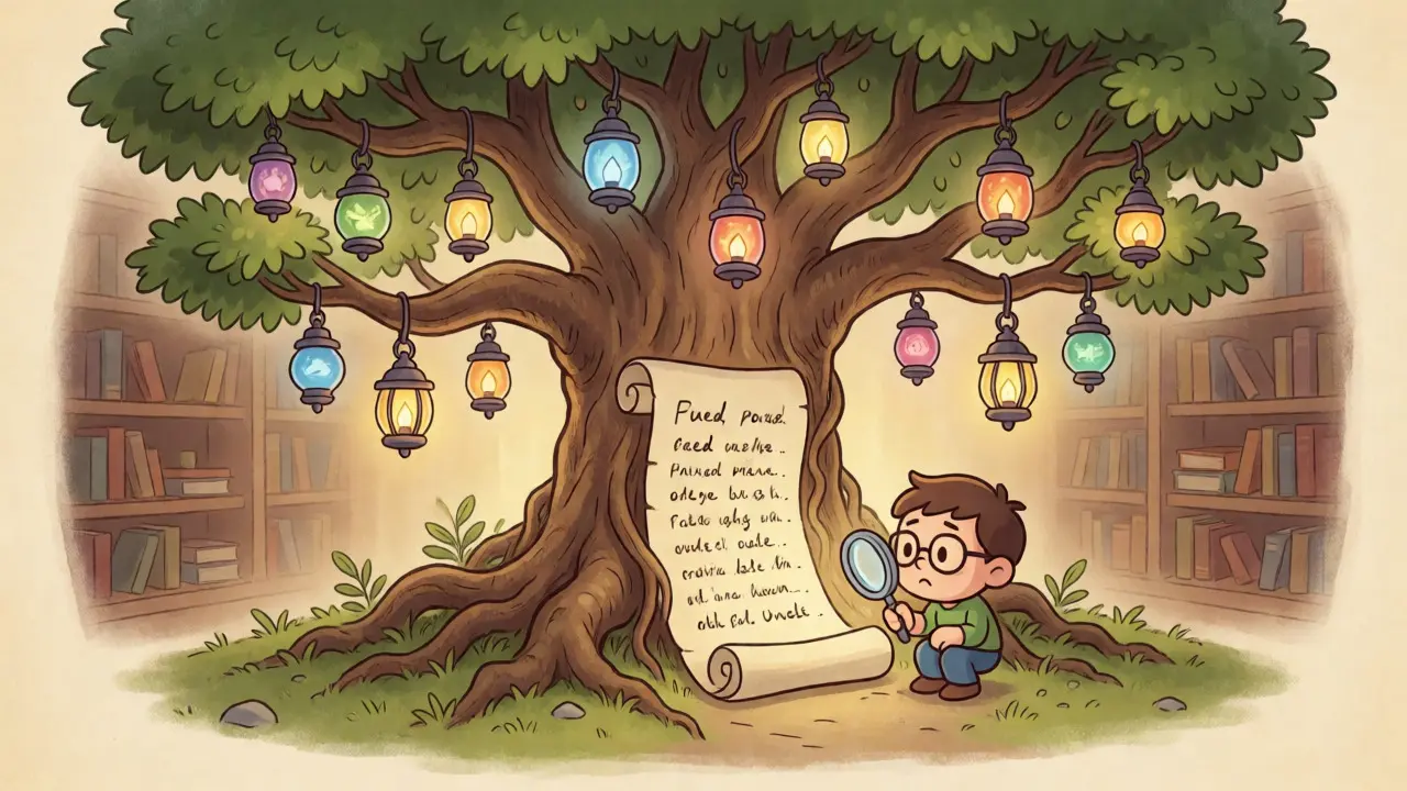 Tree growing from seed phrase roots into many address lanterns