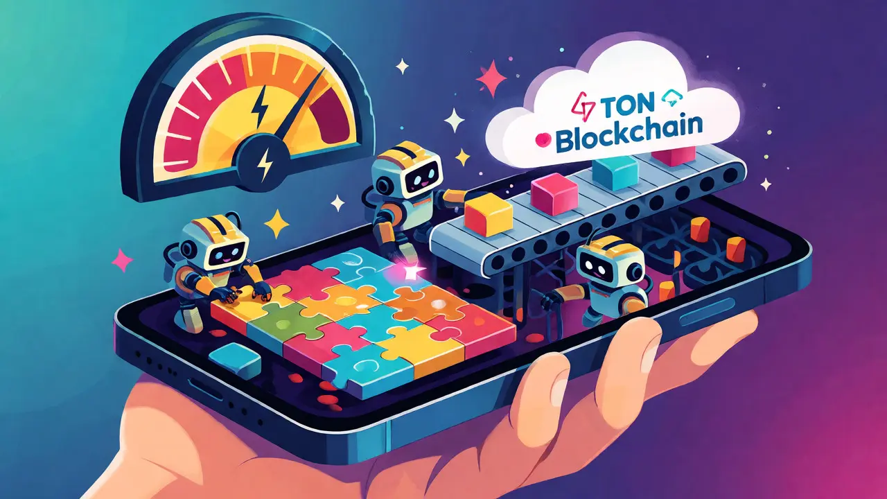Whimsical robots solving puzzles inside a phone to mine cryptocurrency