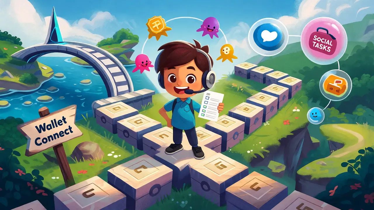 Cartoon character navigating a path of blockchain steps for wallet connection and social tasks.