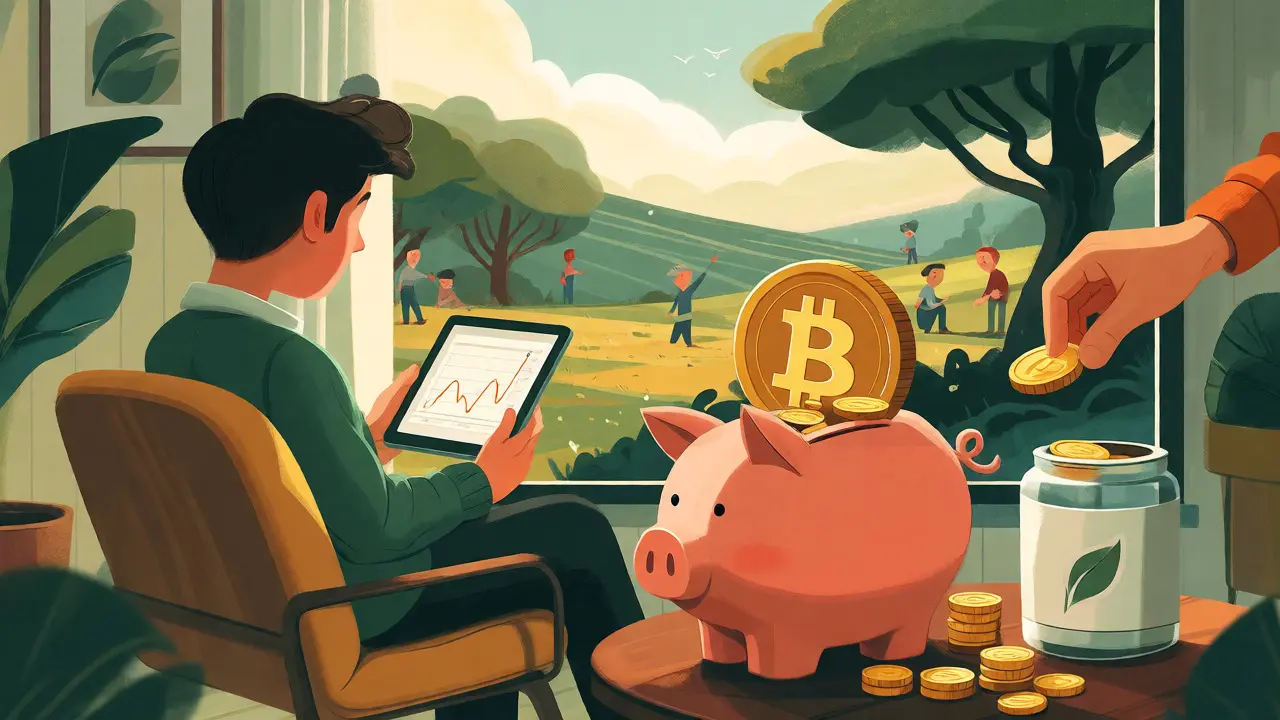 Cozy scene of a person managing crypto investments with a piggy bank and growing graphs.